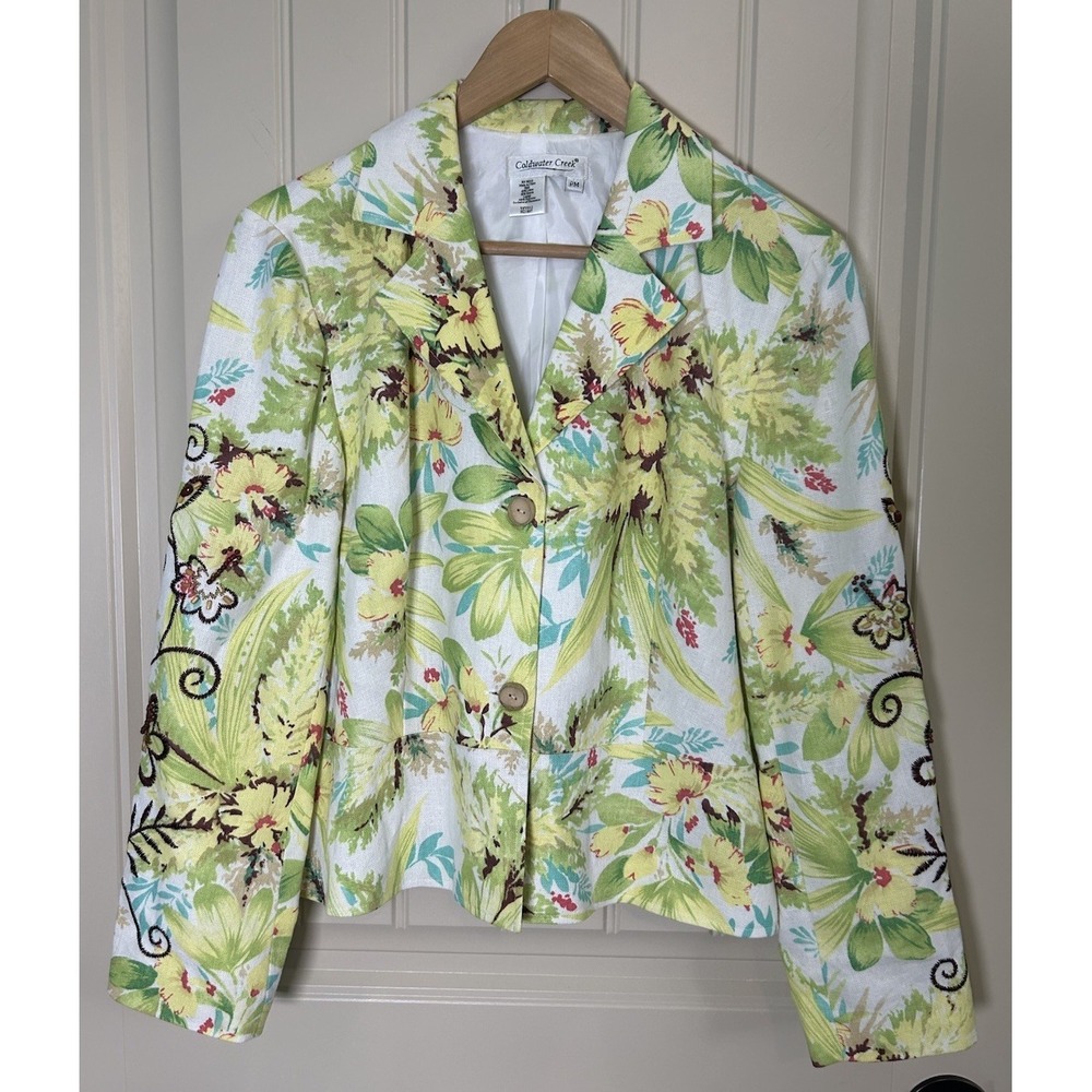 Coldwater Creek Women Linen Blend Blazer PM Floral White GreenBeaded Embroidered